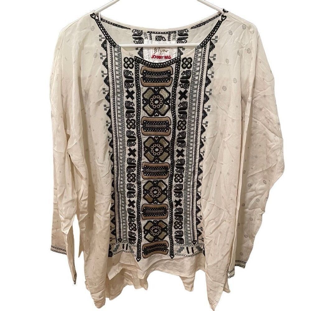 Biya Johnny Was Womens Lucca Print Alka Blouse XS Embroidered Silk Boho Opaque